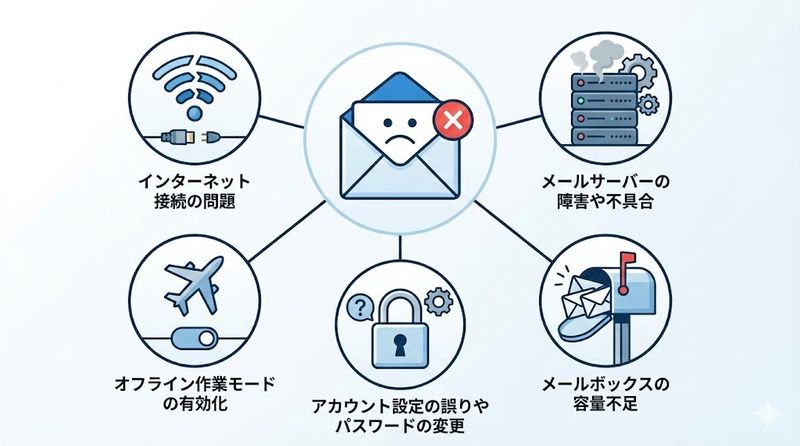 1.アウトルックでメール受信ができない主な原因