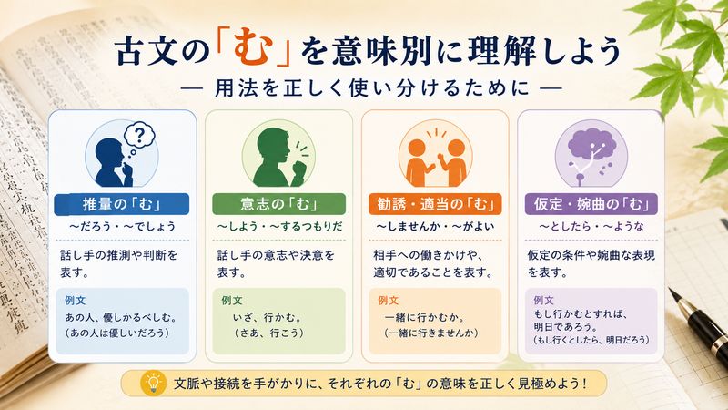 2.「む」古文の意味別・用法の詳しい解説